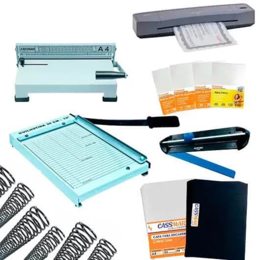 Kit Encadernação + Plastificadora 220v, Guilhotina e insumos
