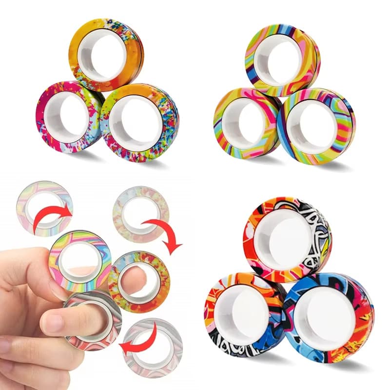 Conjunto de 3 peças de anéis magnéticos para os dedos recém-atualizados, brinquedos coloridos antiestresse, spinners mag