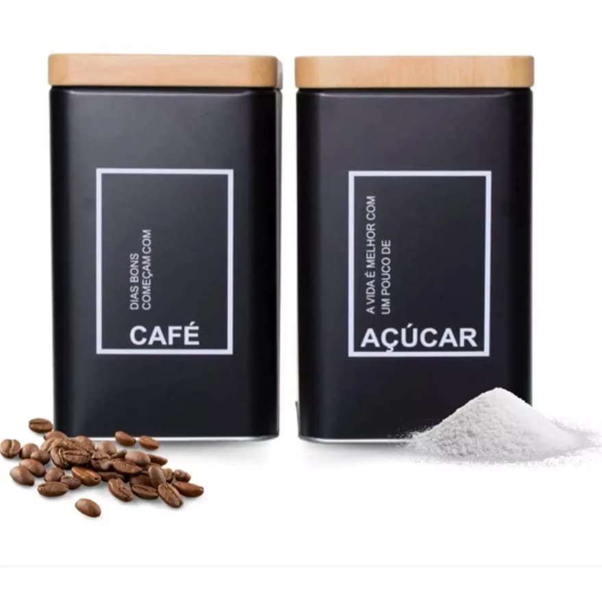 Kit  Lata Café Açúcar Pote Organizadores Tampa Amadeirada Preto Cozinha Moderna Decorativa