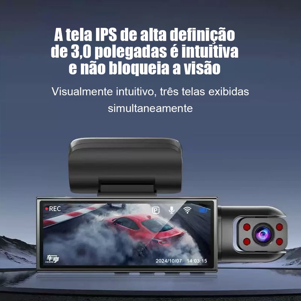 Gravador Veicular V9 360° HD 3 Câmeras Visão Noturna Câmera Ré Instalação Sem Fio 1080P