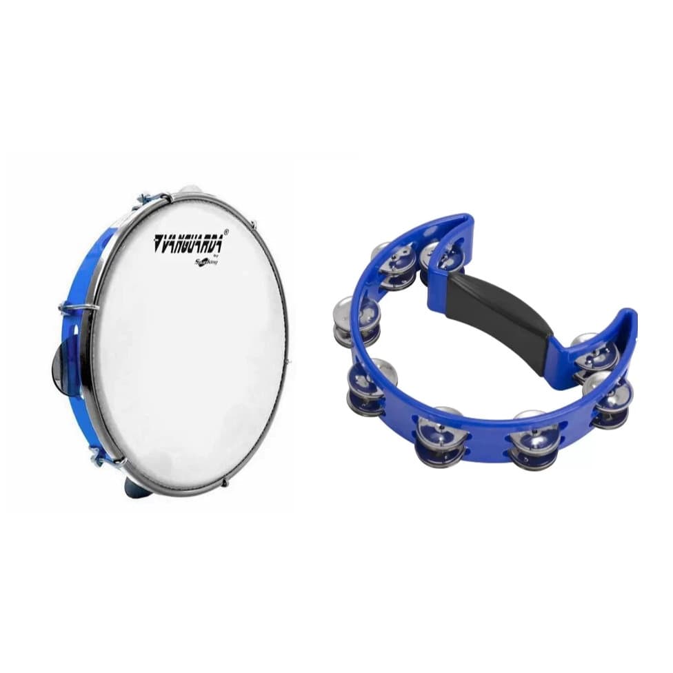Kit Pai e Filho Pandeiro Spanking 10" Pele Leitosa + Meia Lua Pro Fire Azul ABS, Leve e Resistente