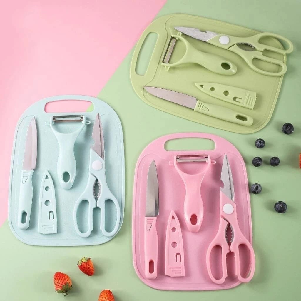 Kit 4 Utensílios Cozinha Faca Inox Tesoura Afiada Descascador Frutas Legumes Tábua Corte