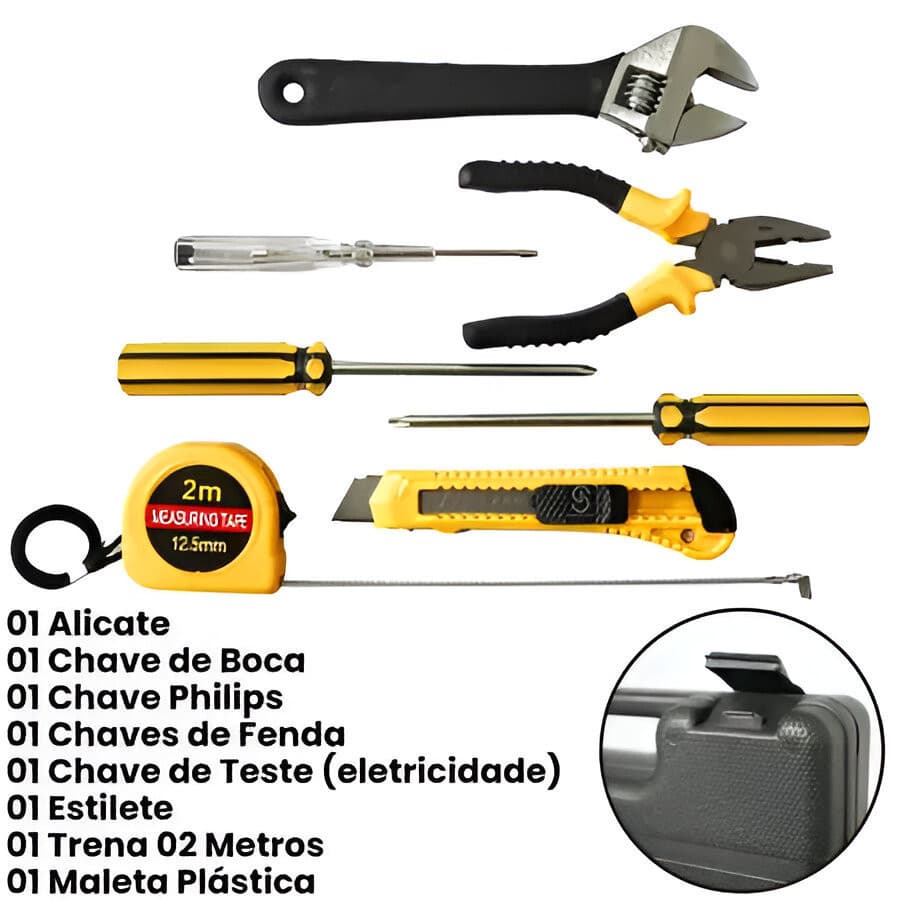 KIT FERRAMENTAS 7 PEÇAS COM MALETA ALICATE CHAVES ESTILETE TRENA 2M PRÁTICO RESISTENTE PARA CASA E OFICINA