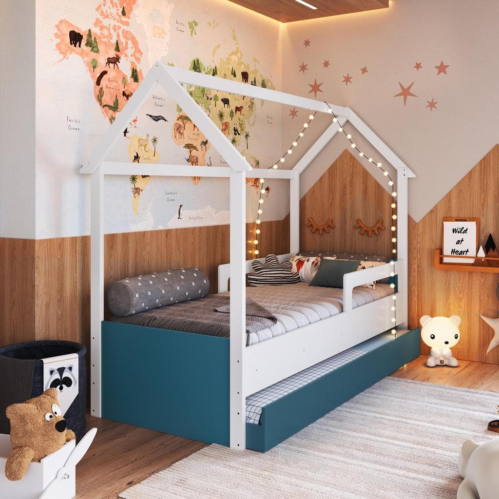 Cama Infantil Bicama Montessoriana Estilo Casinha 188x78cm com Proteção Lateral e Cama Auxiliar