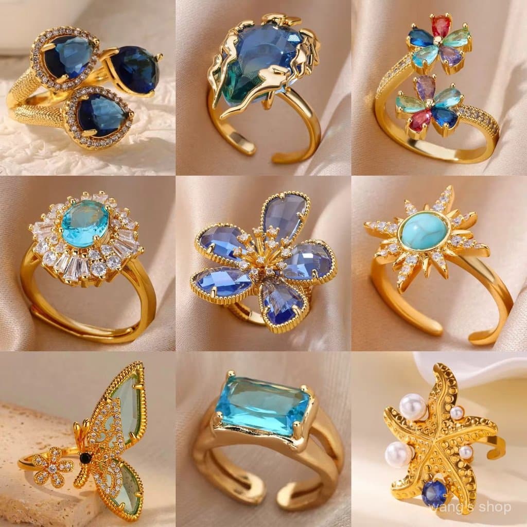 Anel de Aço Inoxidável com Zircônia Azul,Ouro 18K, à Prova d'Água e Não irá descolorir,Anel Feminina