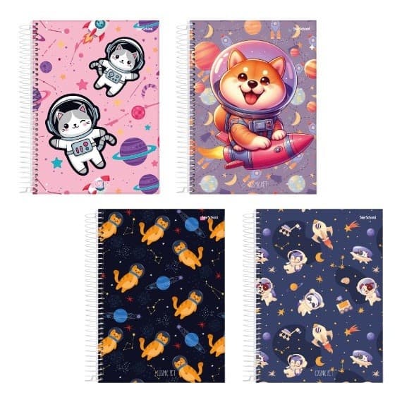 kit 4 Caderno Espiral Capa Dura Astronauta 1 Matéria 80 Folhas Star School