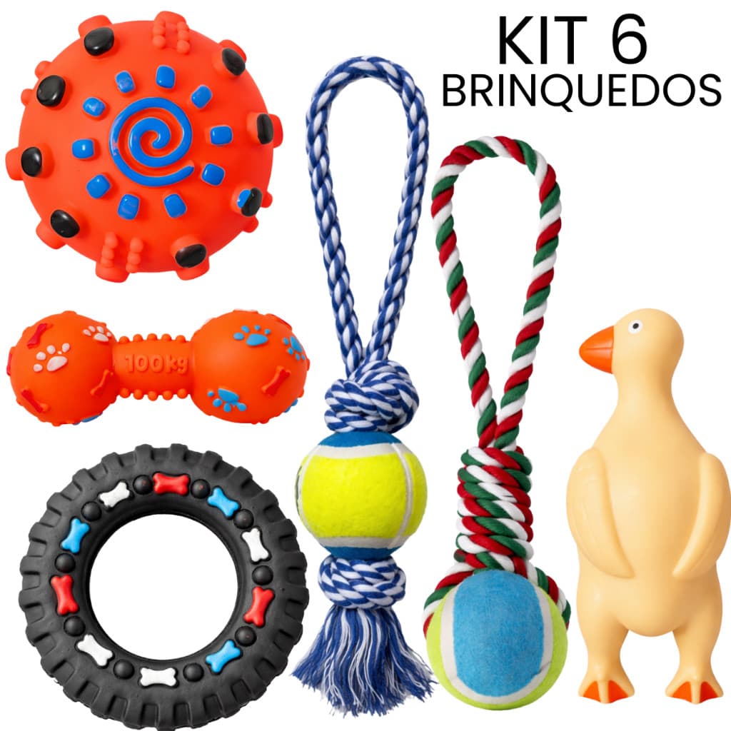 Kit 6 Brinquedos para Cachorro Corda e Vinil com Apito Pet
