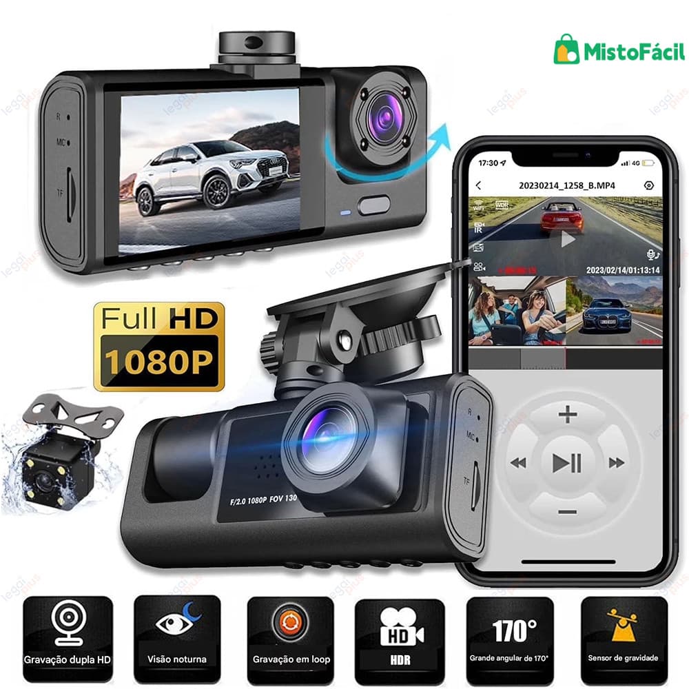 Sistema de Gravação Tripla para Carro com Wi-Fi - Câmeras Dianteira, Traseira e Interna em Full HD  Armaz 64GB