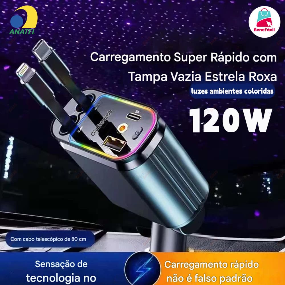 Carregador Automotivo Retrátil 4 em 1 com Rotação 180° Cabo Flexível e Iluminação LED para Celulares