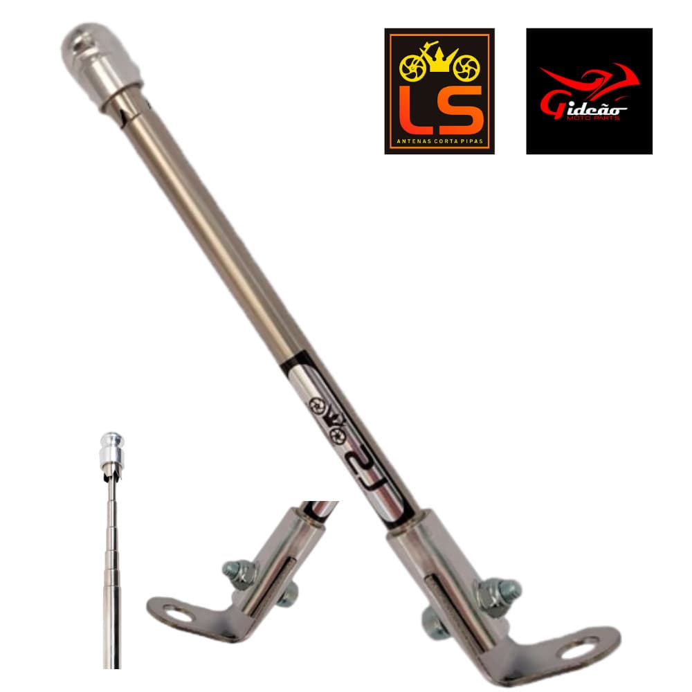 Antena Corta Pipa Para Moto 6 Estágios retrátil e reclinável fixação no retrovisor Aço Inox Cromada