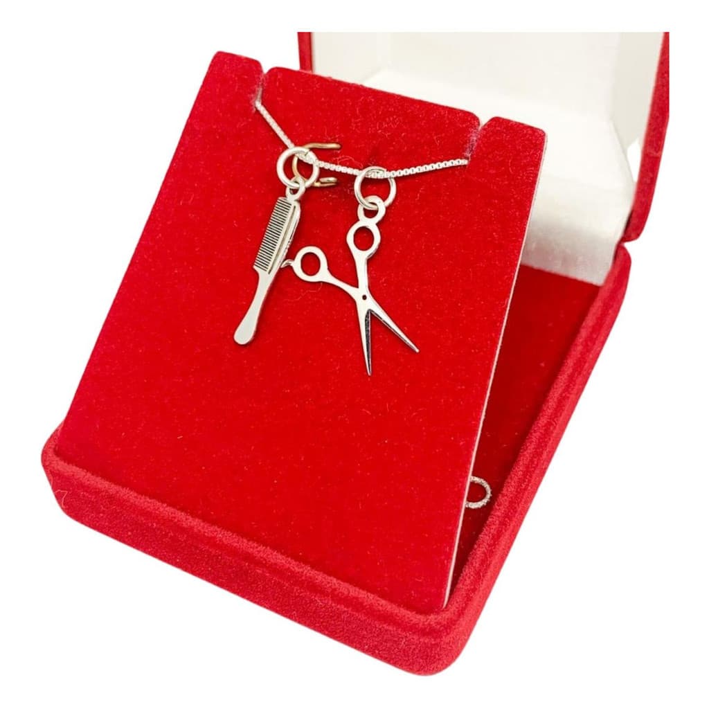 Colar 45 Cm C/Pingente Prata 925 Tesoura e Pente de Cabelereiro / Cabelereiro