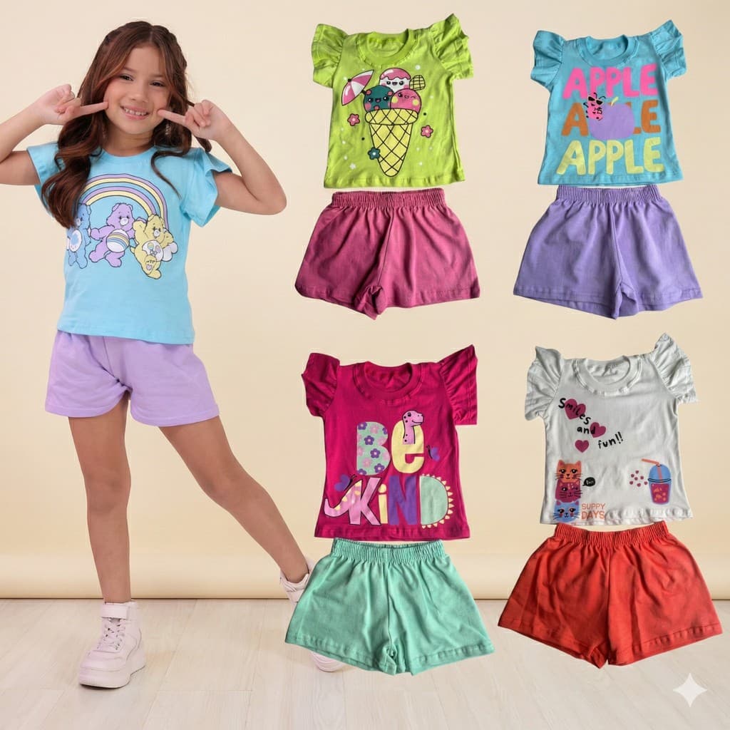 Kit 2 Conjuntos Infantis Menina Femininos Manga Bufante – Blusa + Short Sortidos (Tam. 2 ao 8)