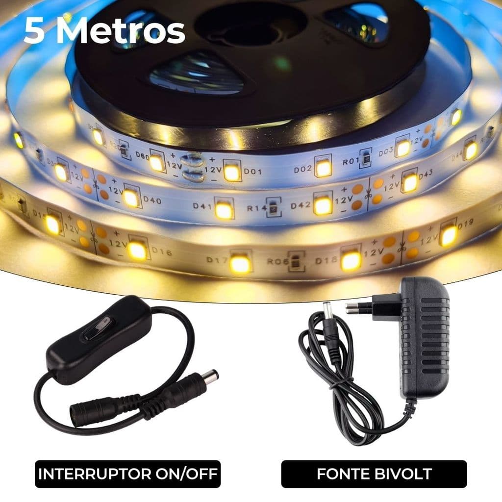 Fita LED + Interruptor ON/OFF + Fonte Bivolt | 300 LEDs 5M Adesiva Decoração Quente Neutro Frio