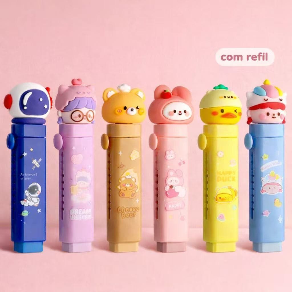 Borracha Substituíveis Escolar Retrátil com 2 Refis – Astronauta / Coelho Fofo  Material Escolar Infantil