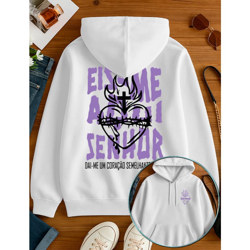 Blusa de Moletom Canguru Estampado Eis Me Aqui Confortavel 50% Algodão 50% Poliester Estampa Cristã