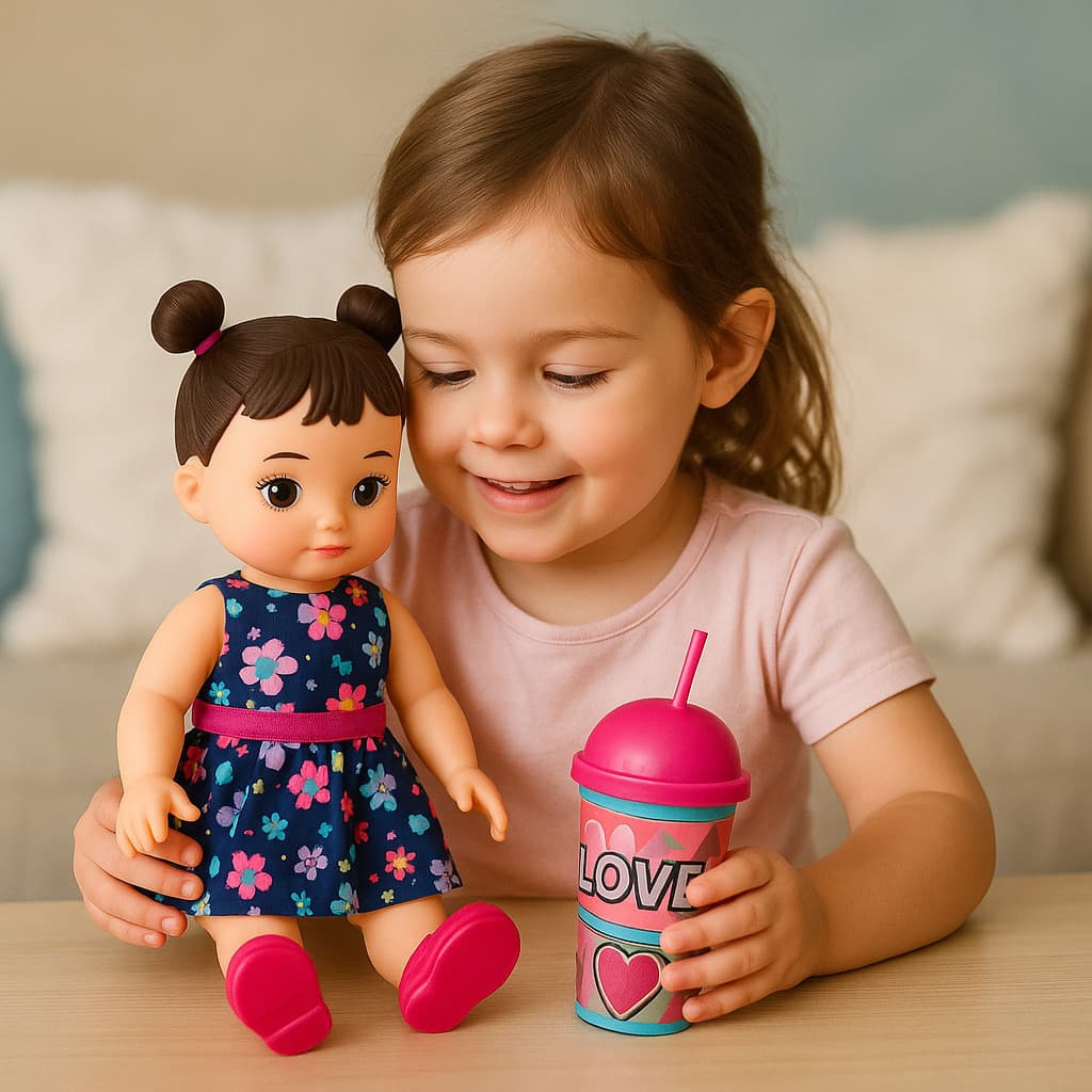 Boneca Infantil Hannah Copo Suquinho Canudo Vestido com Acessórios Brincar Mamãe Criança