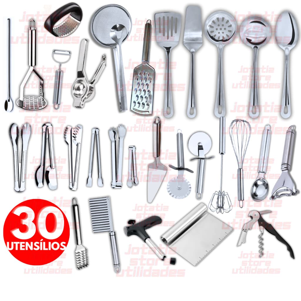 Jogo 30 ou 07 Utensílios De Cozinha Em Aço Inox Colher, Concha, Escumadeira, Pegador, Amassador De Batatas