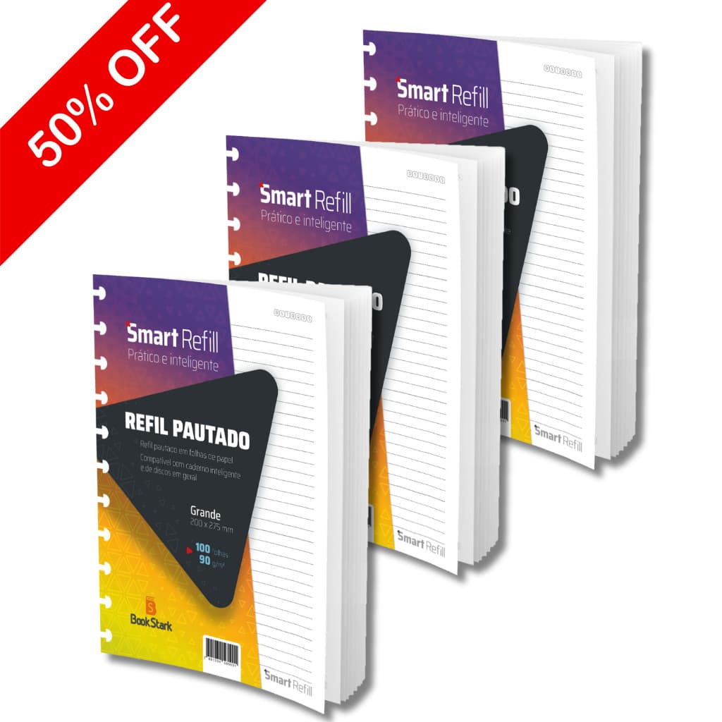 Caderno inteligente Kit 300 folhas Refil tamanho A4 Grande 11 Discos Pautado