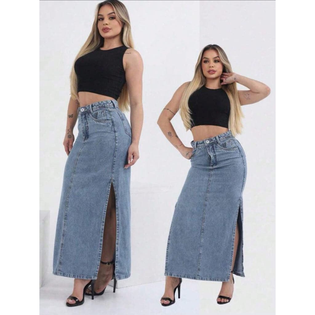 Saia Jeans Longa com Fenda Lateral Premium Confortavel Tendencia