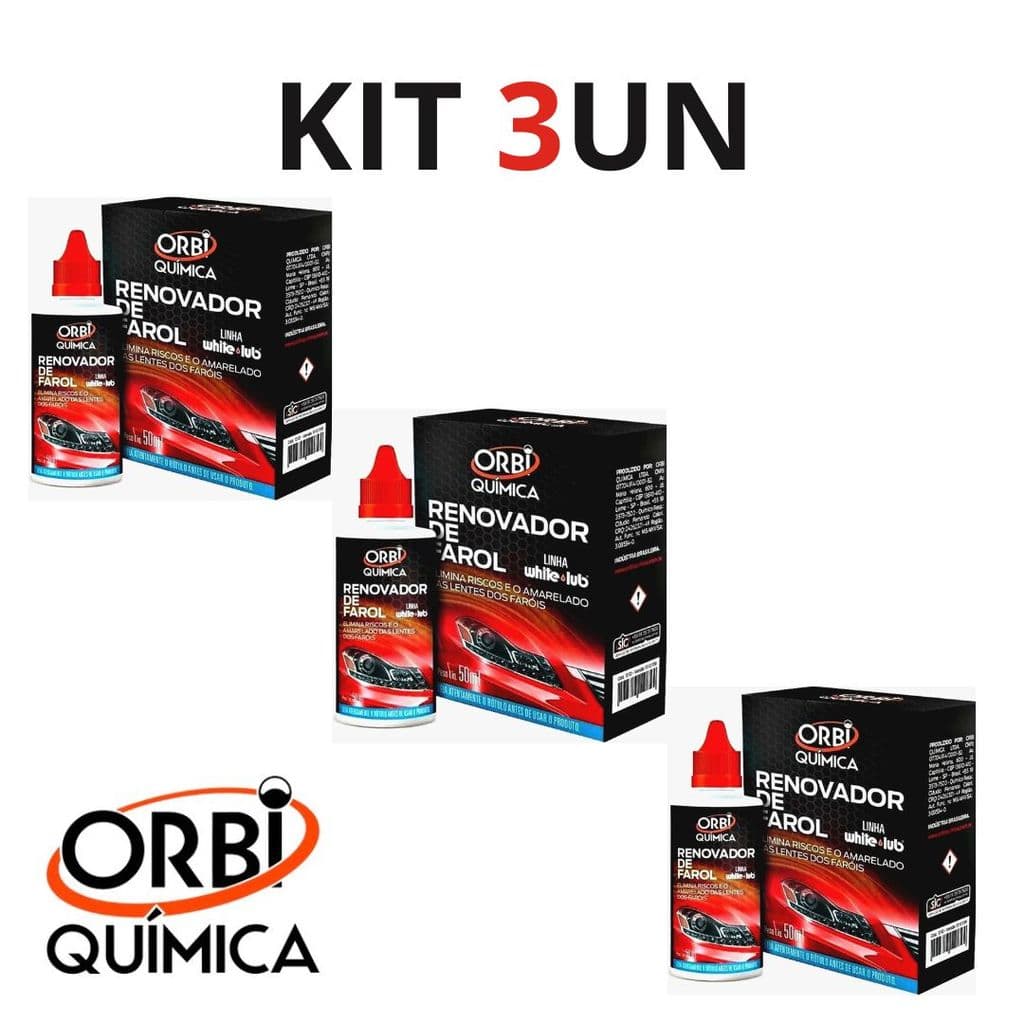 KIT 3 Renovador de Farol Tira Amarelado Aspecto Fosco e Riscos Orbi Revitalizador 50ml + Estopa