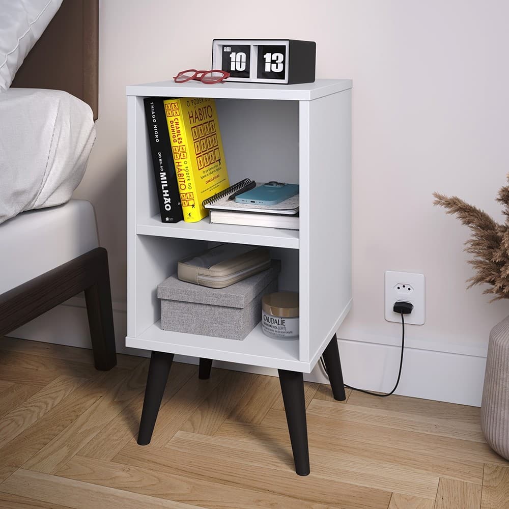 Mesa Lateral De Cama Charme Retro Com Prateleira E Porta Celular
