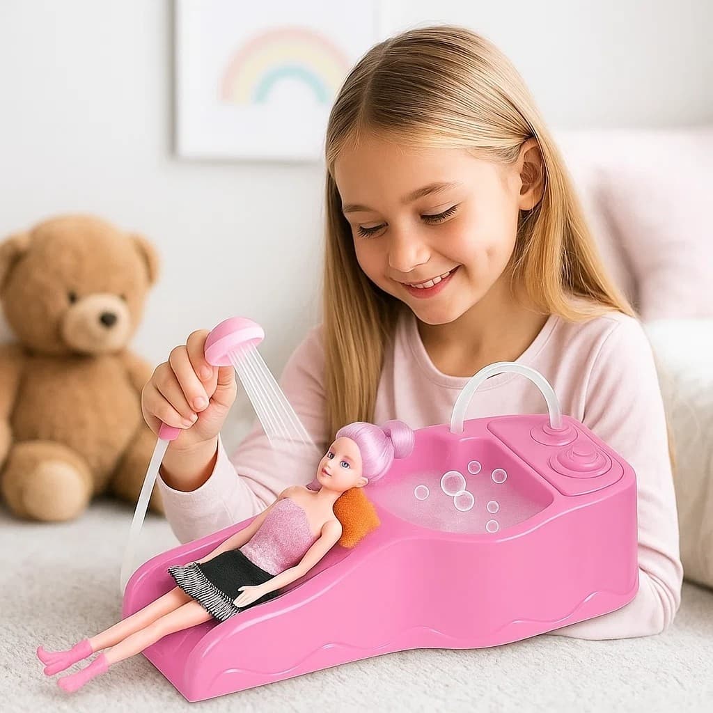 Kit de Lavatório para Boneca com Chuveirinho e Banheira Rosa para Salão de Cabelereiro achadinho