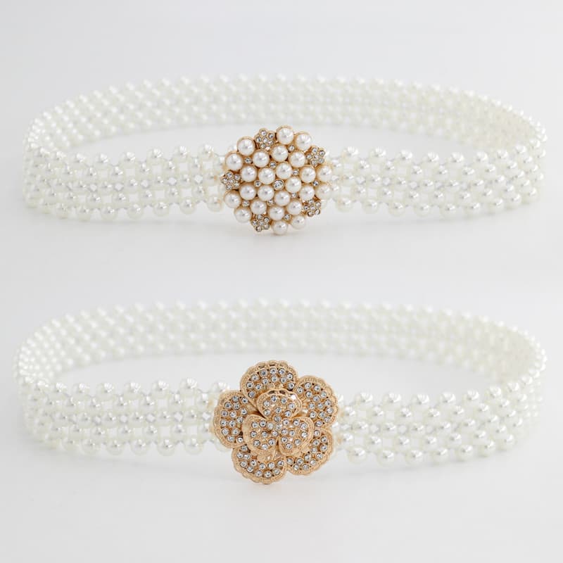 Senhoras cinto elástico elástico cintura larga corrente versão coreana strass pérola cinto Bowknot saia decoração cintur