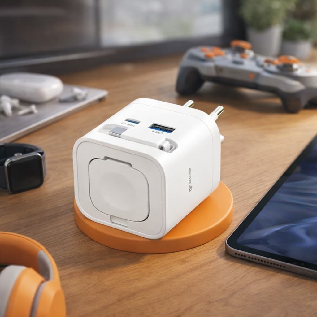 Fonte Carregador 65W GaN com USB Tipo C e Base Dobrável por Indução Relógio PEI-282