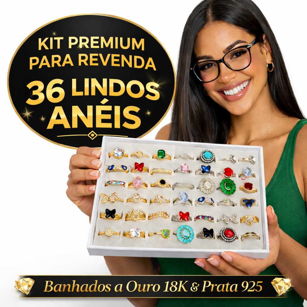 Kit Premium 36 Anéis Banhados Ouro 18K e Prata 925 | Alto Brilho, Durabilidade e Lucro Garantido para Revenda