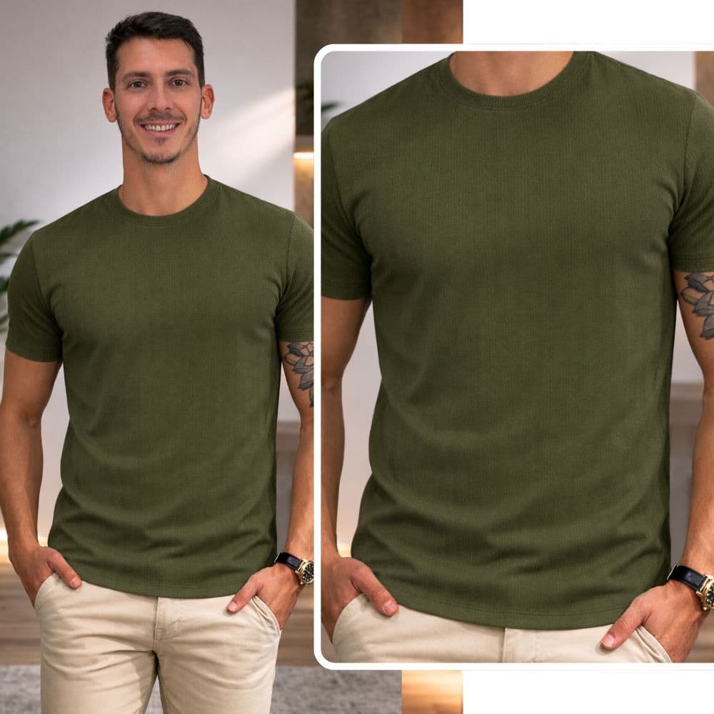 Camiseta Masculina Tricot Texturizada Camisa Canelada Premium Tecido Grosso