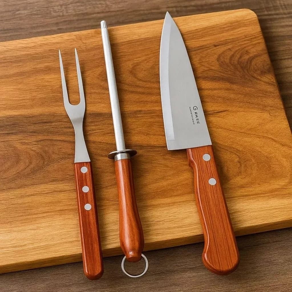 Kit Churrasco 3 Peças Faca Garfo Chaira Inox Cabo Madeira Conjunto