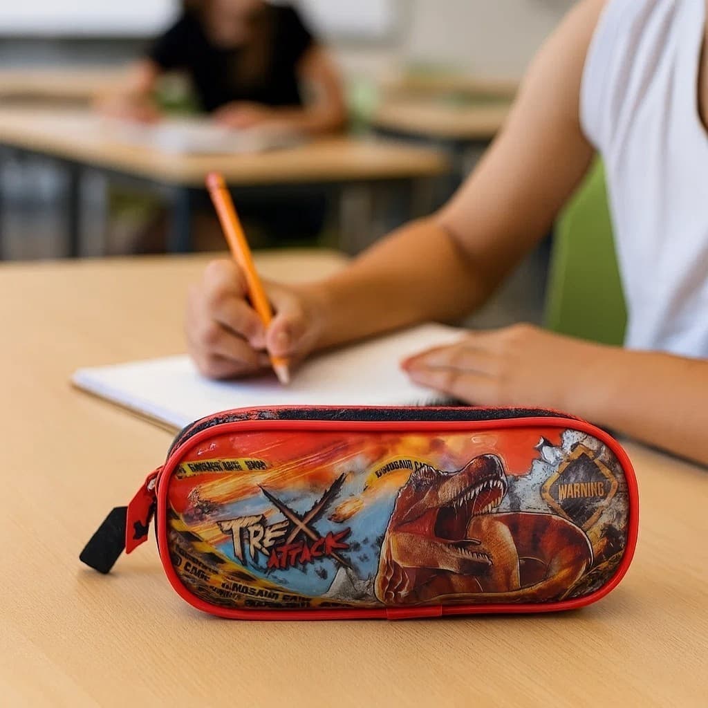 Estojo Escolar Dinossauro Preto Vermelho Porta Lápis Caneta Borracha Resistente