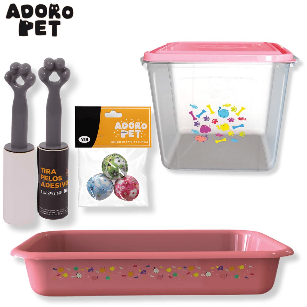 Kit Caixa de Areia Gato Completo com Porta Ração Organizador Tira Pelos e Brinquedos