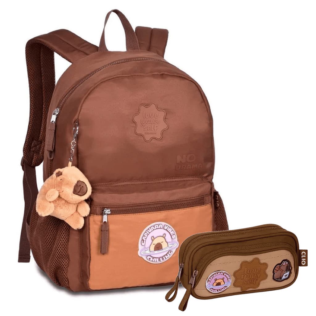 Kit Mochila de Costas Escolar Capivara Grande Fofa Com Estojo Duplo