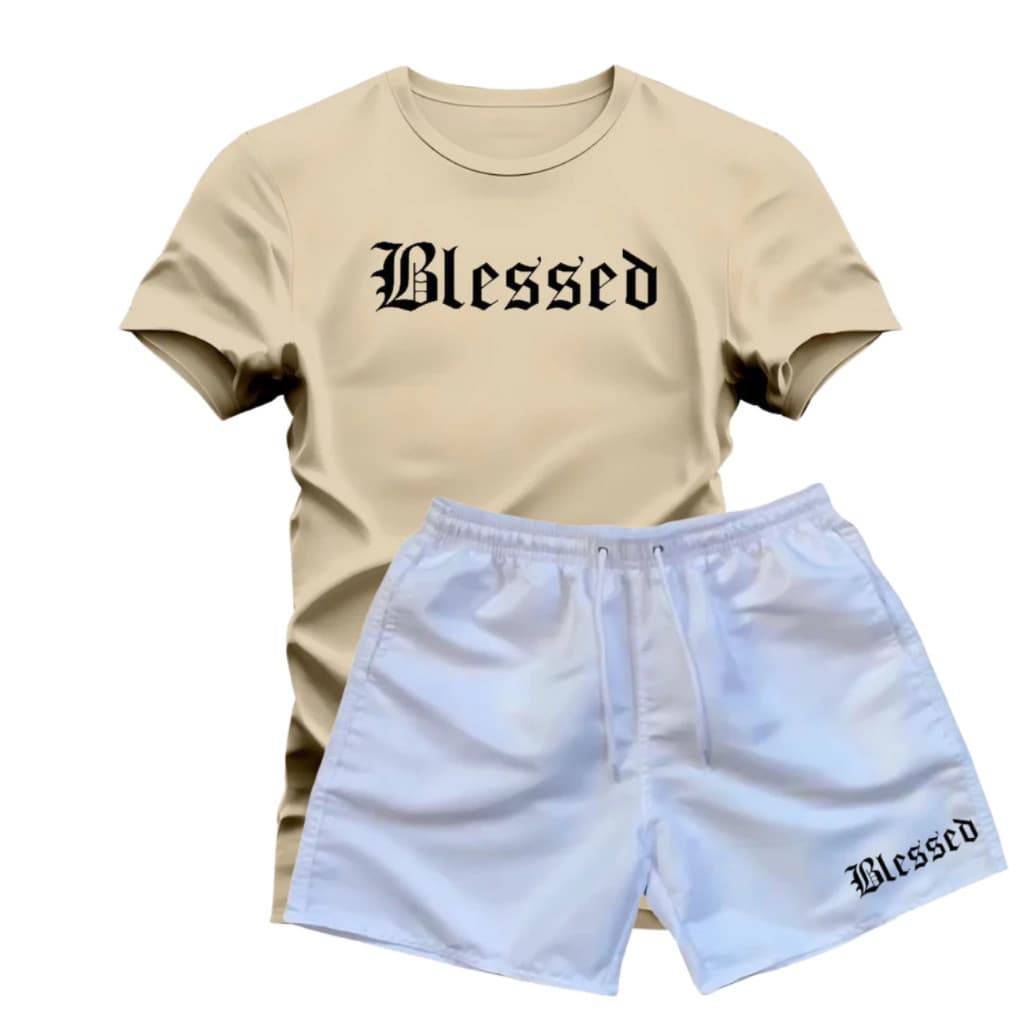 Kit Camiseta + Short Tectel BLESSED Conjunto Camisa 100% Algodão Bermuda Tactel em Varias Cores ENVIO - IMEDIATO