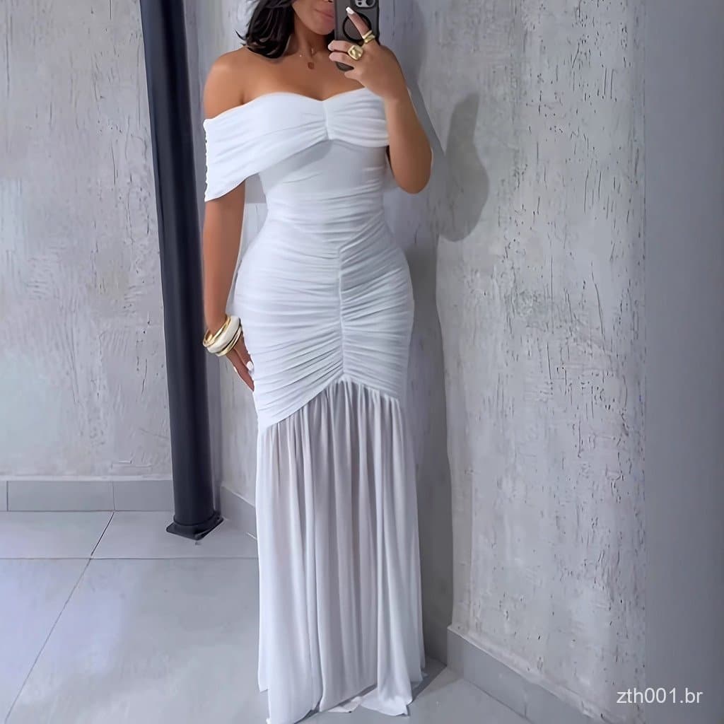 Em Estoque Novo Estilo, Vestido Feminino de Cor Sólida, Design Ombro Descido, Estilo Sereia, Pregas Tridimensionais, Bar