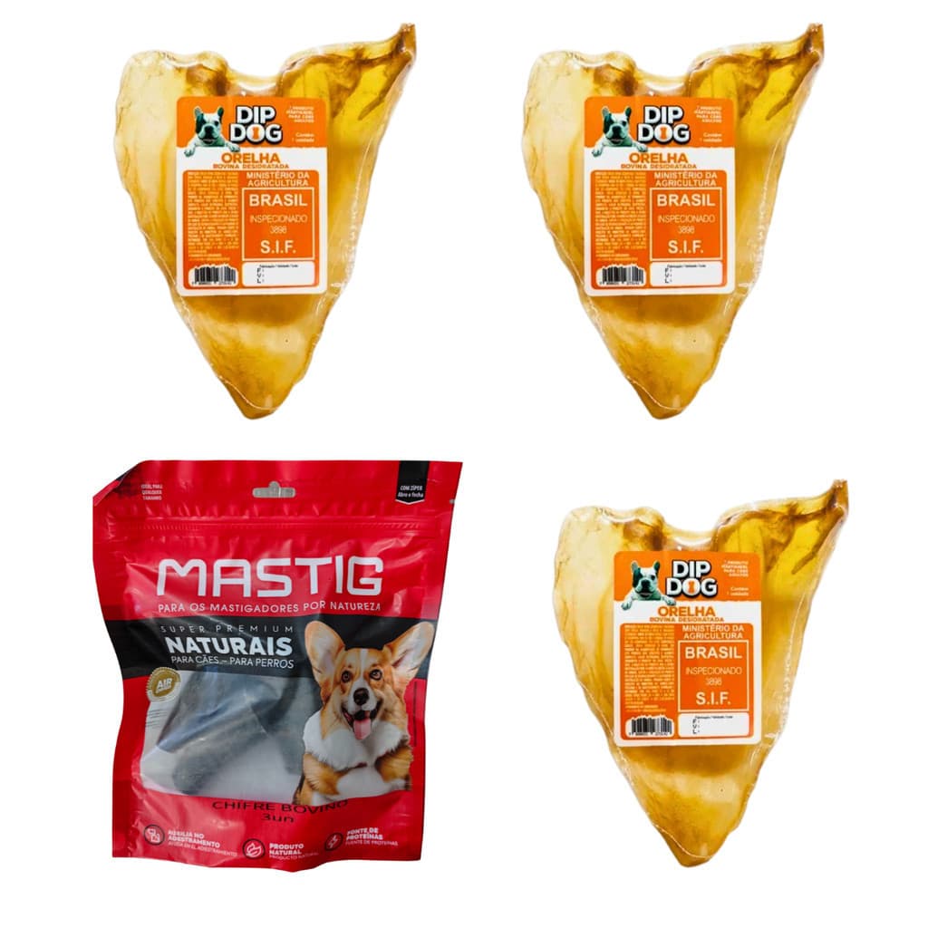 Kit 3 Orelha Bovina Natural Mordedor Para Cães + 1 Pacote De Chifre Bovino de 3 Unidade  MASTIG