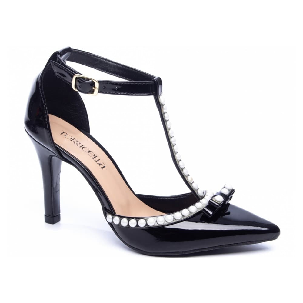 Sapato Scarpin Salto Alto Fino Ajuste Fivela Bico Fino Verniz Preto
