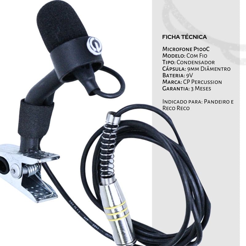 Microfone CP Percussion P100C para Pandeiro e Reco Reco Captação Profissional Percussão