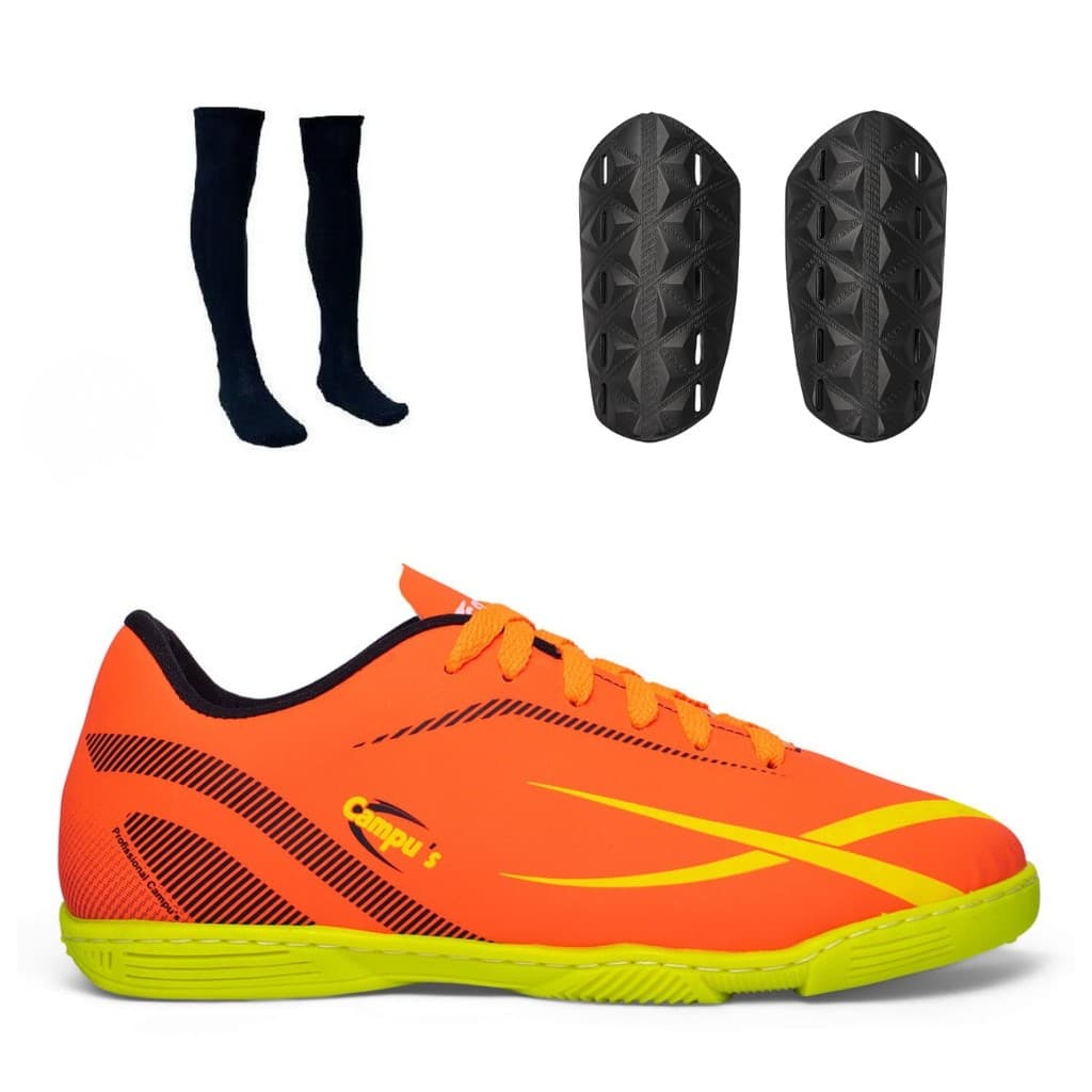 Kit Chuteira Futsal Profissional Quadra com Meião e Caneleira Solado Borracha