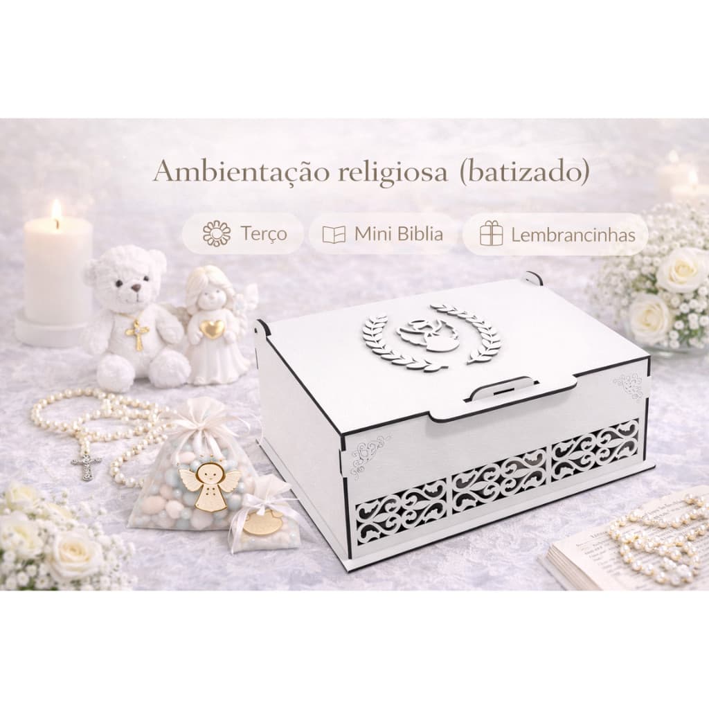 Caixa Branca Batizado em MDF | Lembrancinha Religiosa Elegante Convite Padrinhos Batismo Crisma