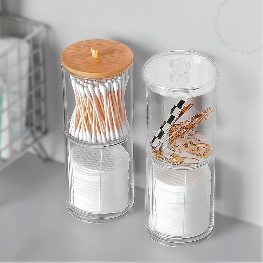 Porta Cotonetes Duplo Tampa Bambu Acrílico Multifuncional Organizador Algodão Resistente Condimentos