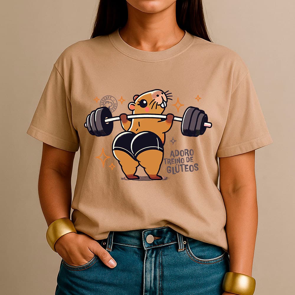 Camiseta Feminina 100% Algodão Camisa Adoro Treino de Glúteos Fitness Gym Casual Streetwear
