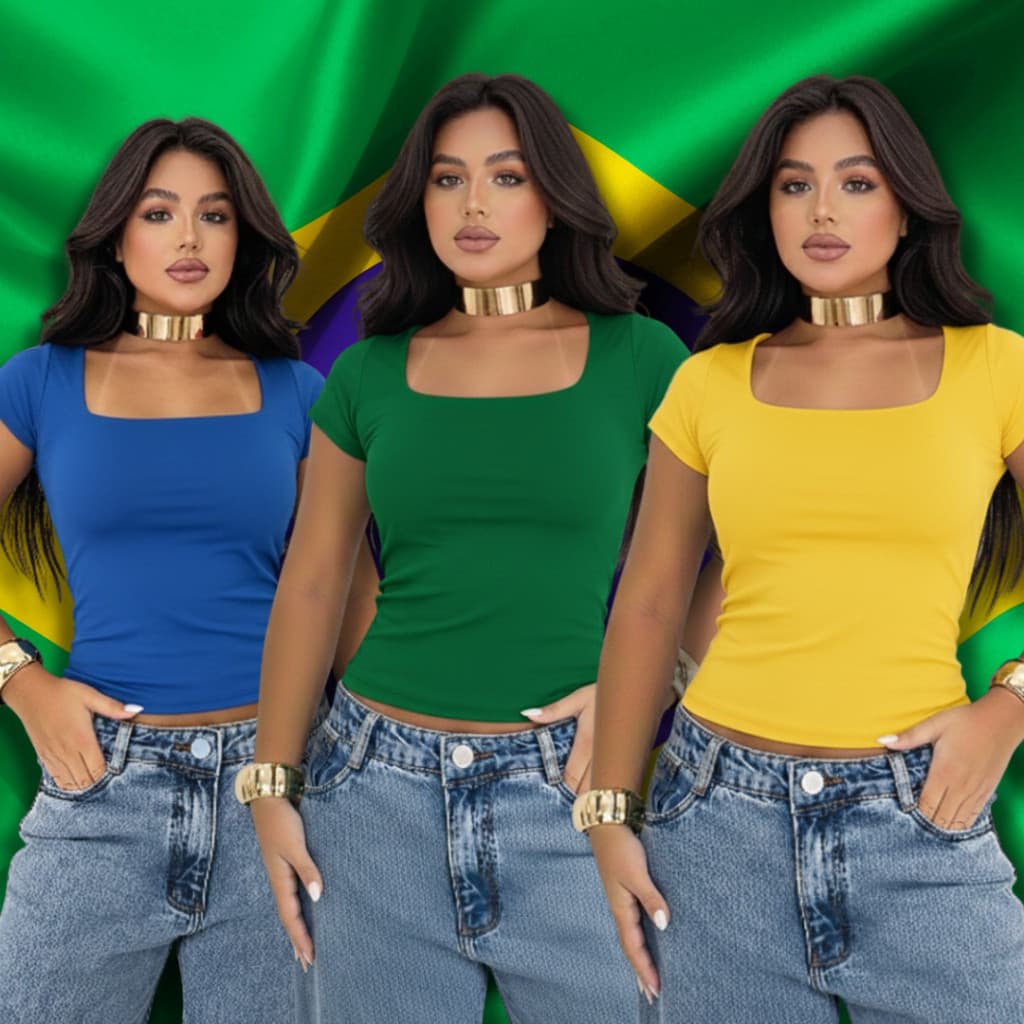 Kit 3 Blusinhas Baby Look Decote Quadrado Manga Curta Forro Duplo Busto Copa Do Mundo Brasil 2026