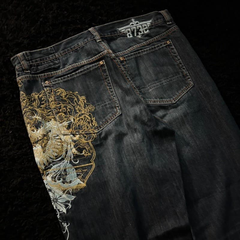 Americano Nova Moda Oversize Padrão Bordado Baggy Jeans Masculino Y2K Harajuku Hip Hop Em Linha Reta Cintura Alta Calças