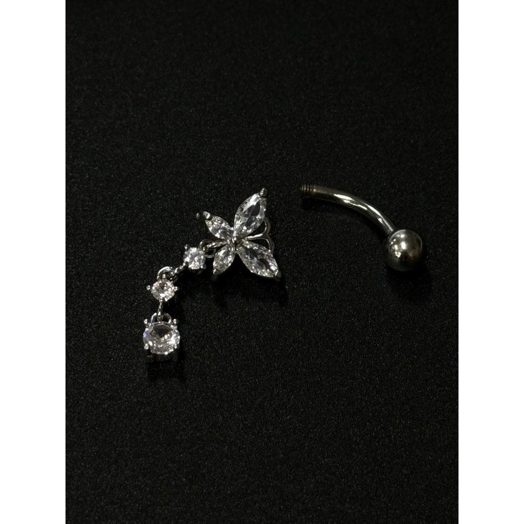 Piercing de Umbigo Feminino Borboleta com Pingente de Pedra Tipo Diamante em Aço Cirúrgico 316L – Prateado e Brilhante