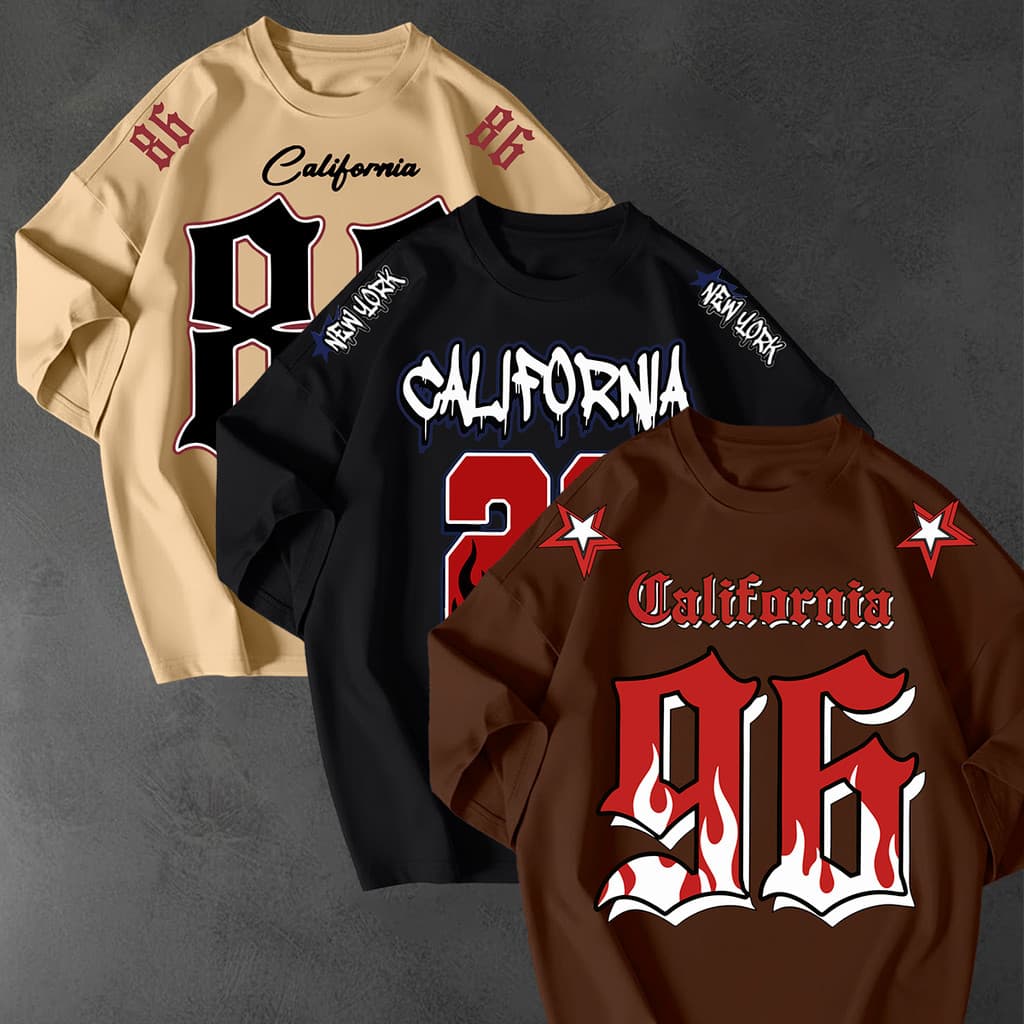 Kit 3 Camisetao Oversized Streetwear California 86 32 96 Unissex 100 Algodao Solto Tendencia Premium