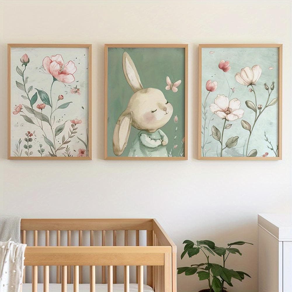 Quadro Decorativo Trio Coelho Tons Verdes Flores Delicado