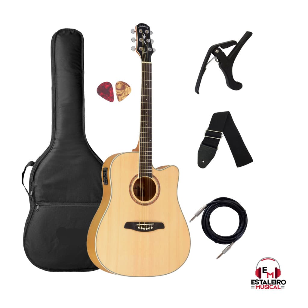 Violao Aço Strinberg Natural Brilhante Eletrico + Acessórios