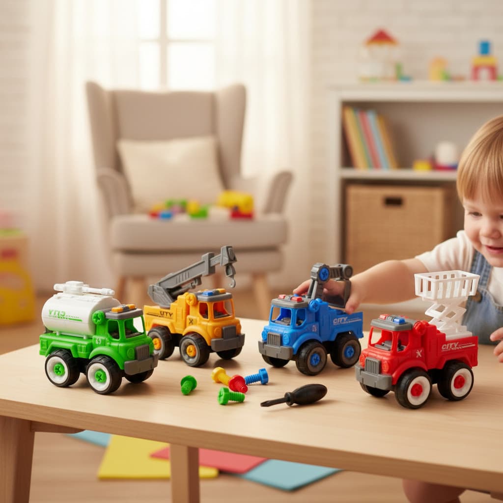 Brinquedo Didático De Montar Kit 4 Caminhões Profissões Com Ferramentas Educativo Infantil